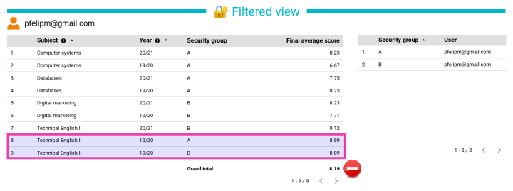 Sample report with advanced filter by email enabled.