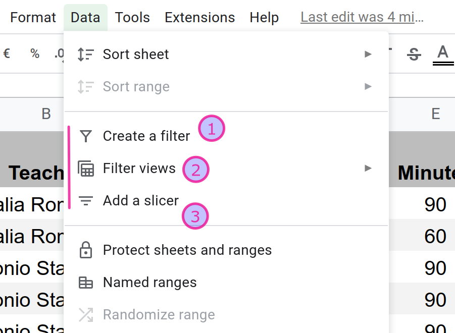 Data menu in Google Sheets showing three different filtering tools.