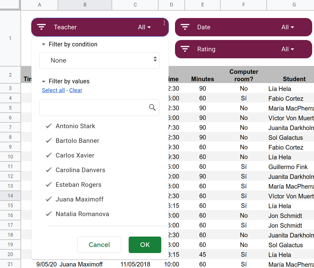 Four slicers in a spreadsheet.