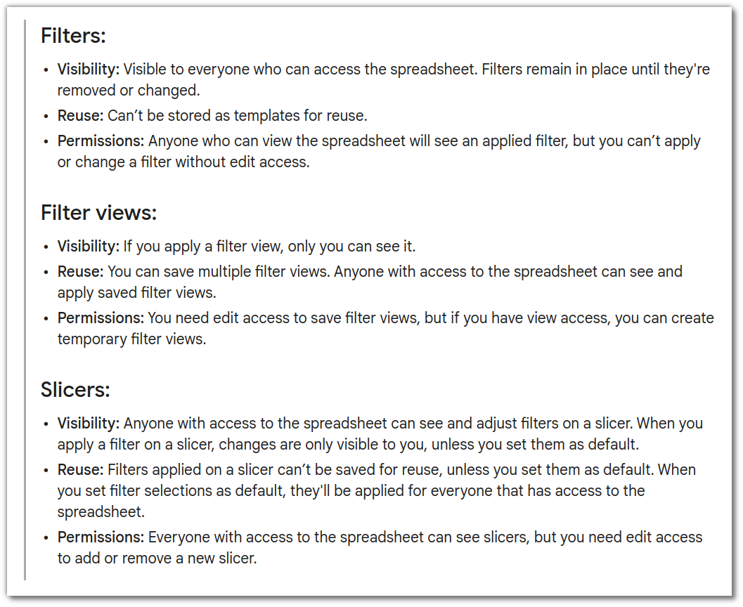 Features of filters, filter views and slicers compared.