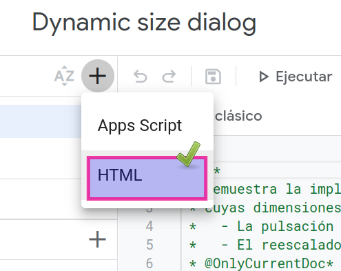MenÃº para crear un archivo HTML en el IDE Apps Script.