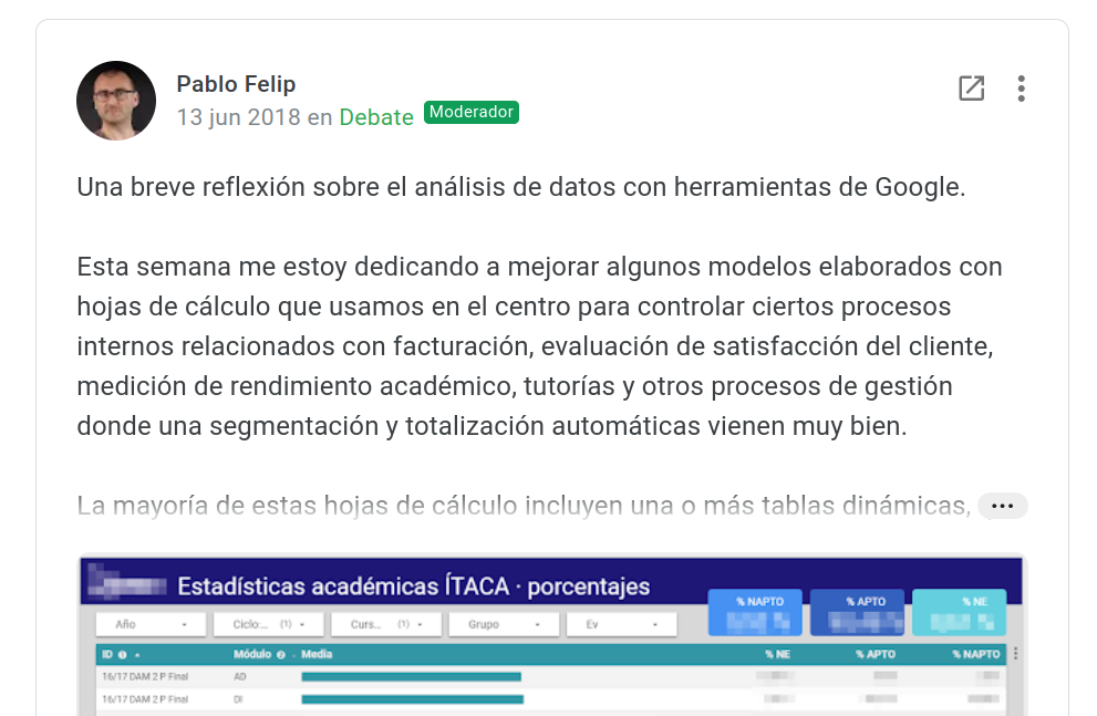 Captura de un mensaje sobre Data Studio en la comunidad de GEG Spain en Google+.