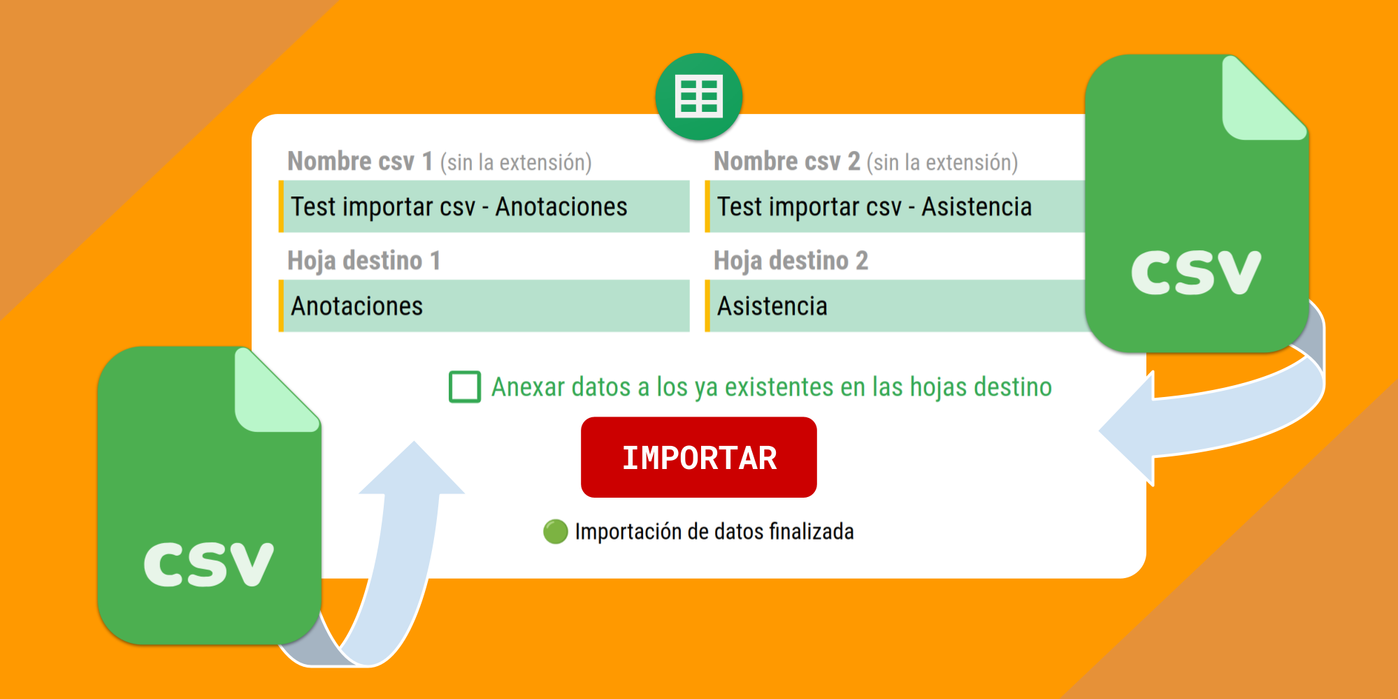 Diagrama con dos archivos csv y unas flechas que apuntan a una hoja de cálculo de Google.