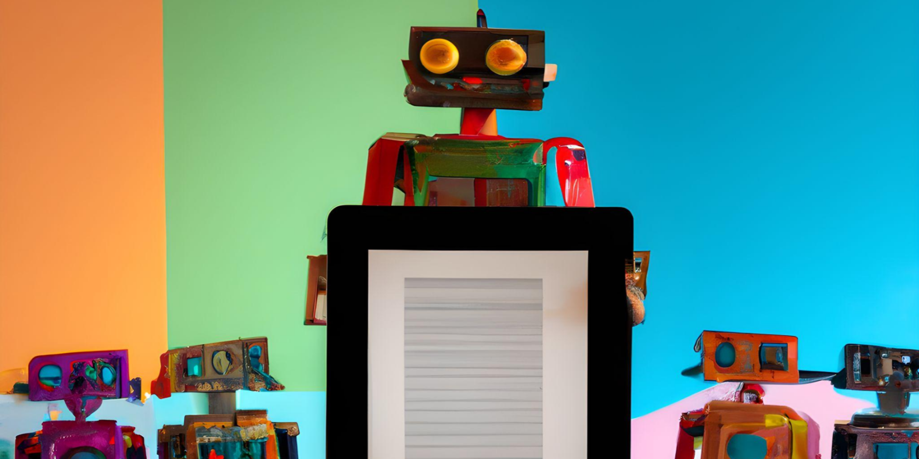 Un profe robot, rodeado de alumnos robot, sosteniendo una tableta.