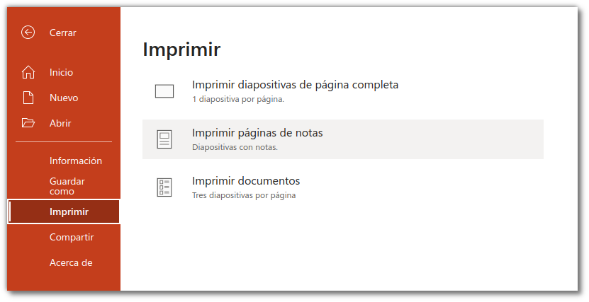 Opciones de impresión de una presentación de Microsoft Powerpoint.