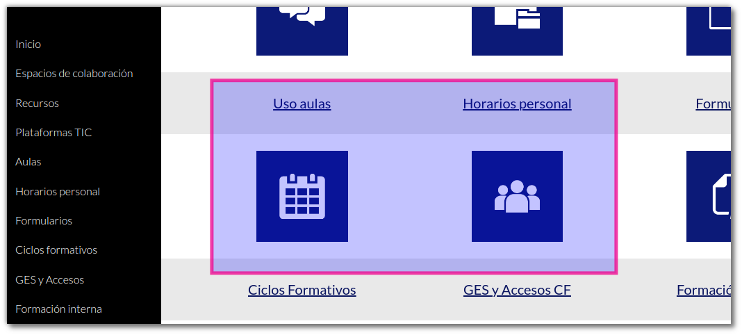 Secciones de uso de las aulas y horarios del personal en una intranet construida con Google Sites.
