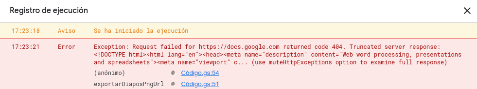 Registro de ejecuci贸n del editor de Apps Script que indica que se ha producido un error 404 al hacer el fetch.