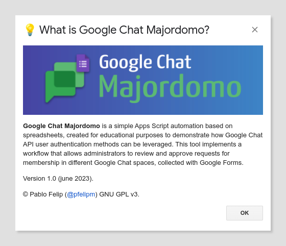 Banner showing the headline text "Google Chat Majordomo", together with some Chat, Forms and Sheets icons and a brief description of the automation.