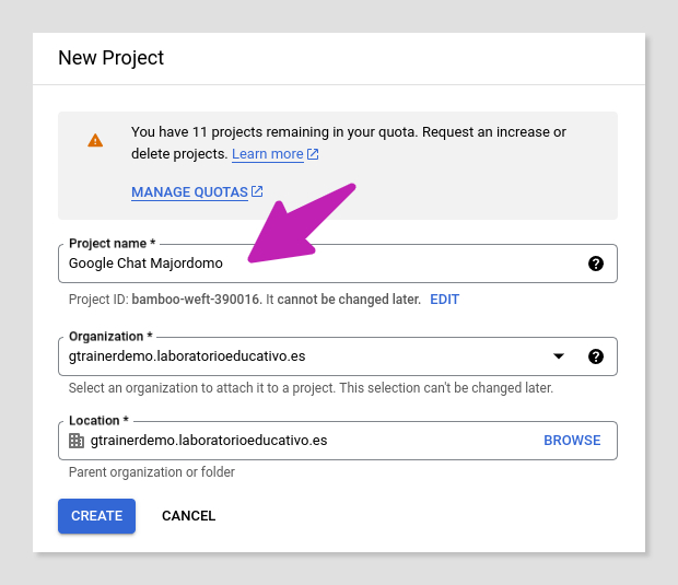 New GCP project dialog.