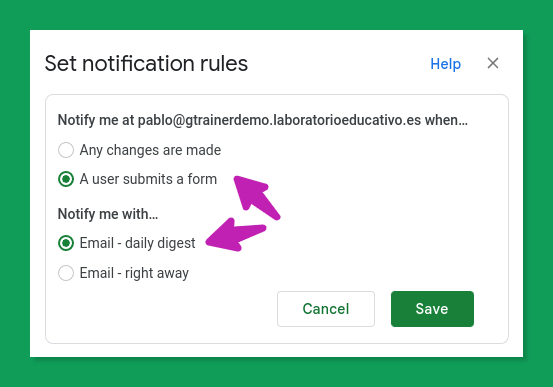 Google Sheets set notification rules dialog.