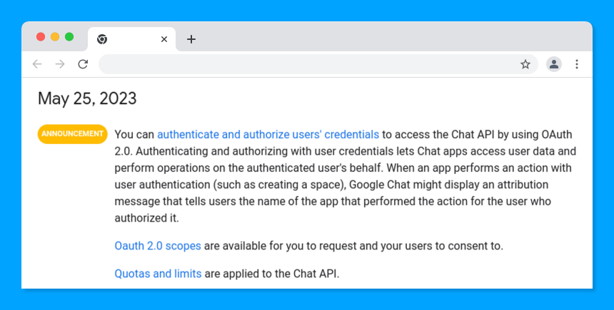 May 25, 2023 release notes for the new Google Chat API methods.