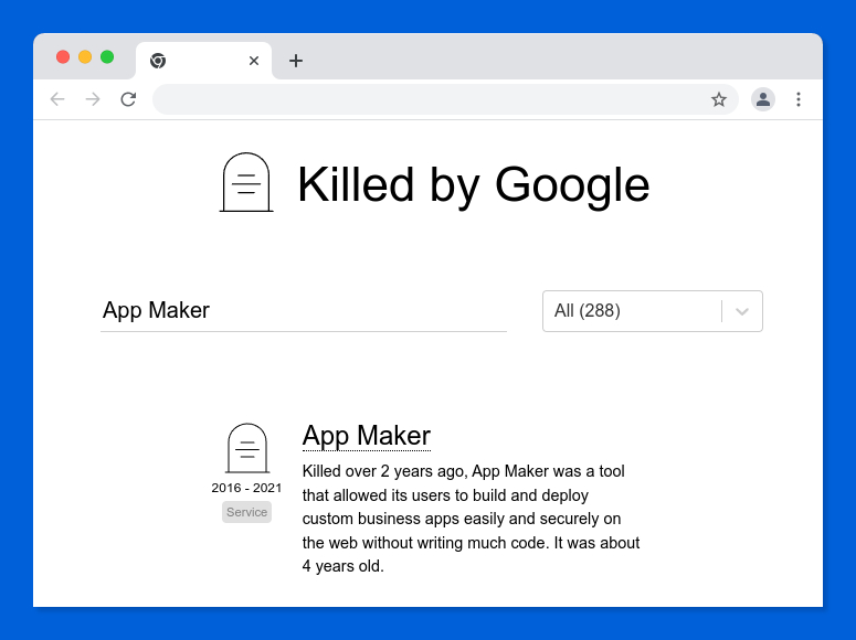 App Maker tombstone in the Google Graveyard site.