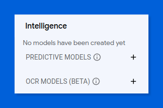 Panel "Intelligence" del editor, muestra las secciones de modelos predictivos y OCR, ambas en beta.