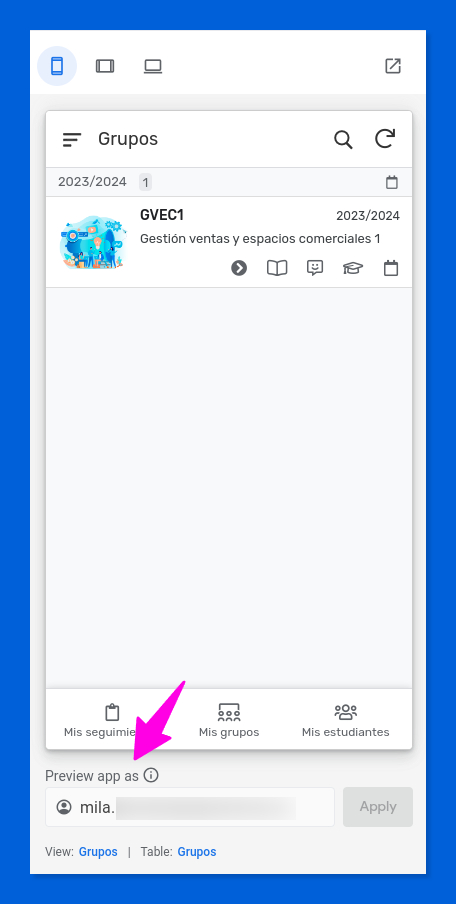 Detalle del recuadro que permite probar la app como otros usuarios.