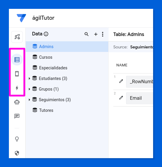 Barra lateral de AppSheet con botones de acceso r谩pido a las distintas secciones del editor de AppSheet.