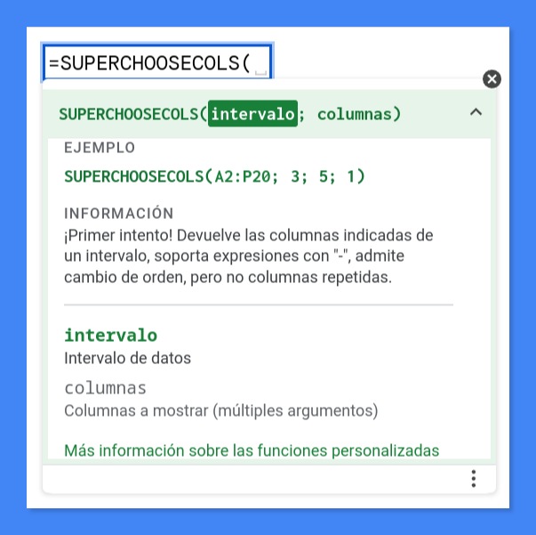 Ayuda contextual de la funciÃ³n personalizada SUPERCHOOSECOLS.