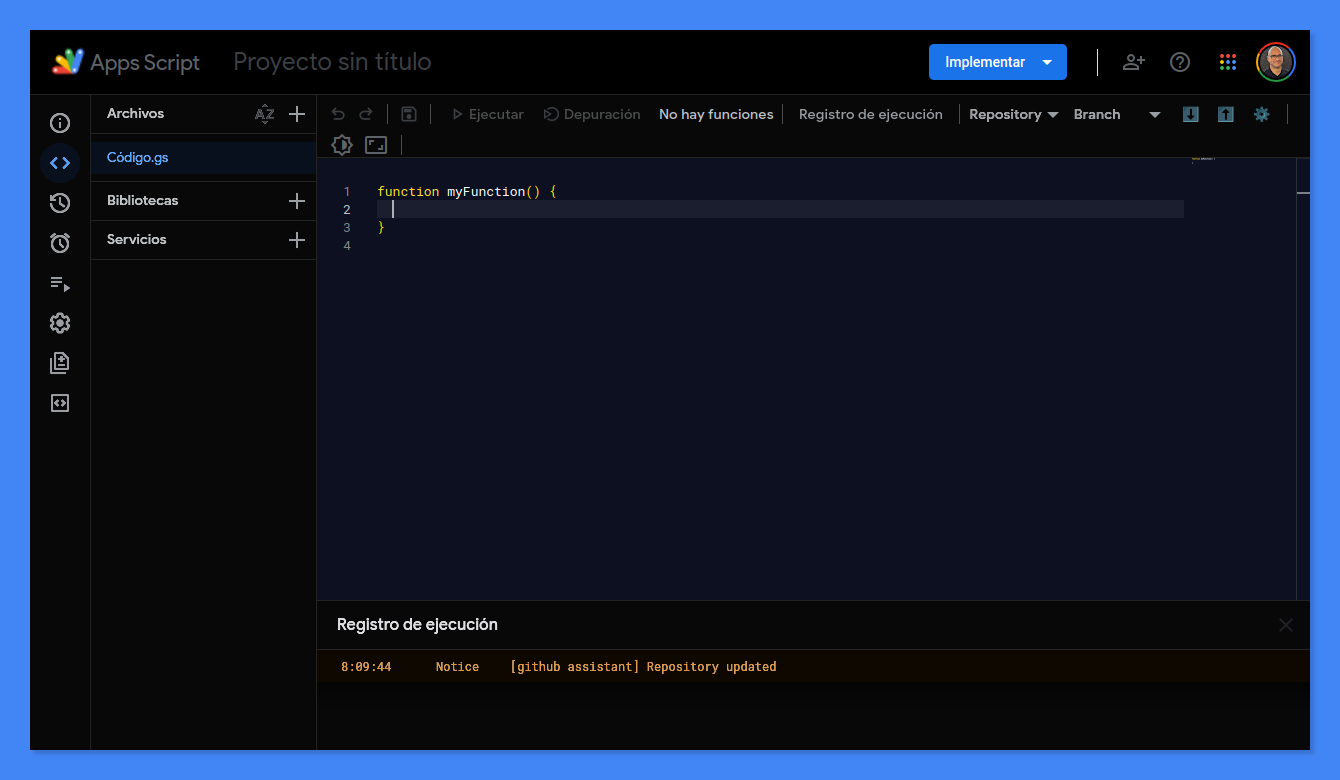 Captura del IDE de Apps Script, tal y como se muestra al iniciar un nuevo proyecto.