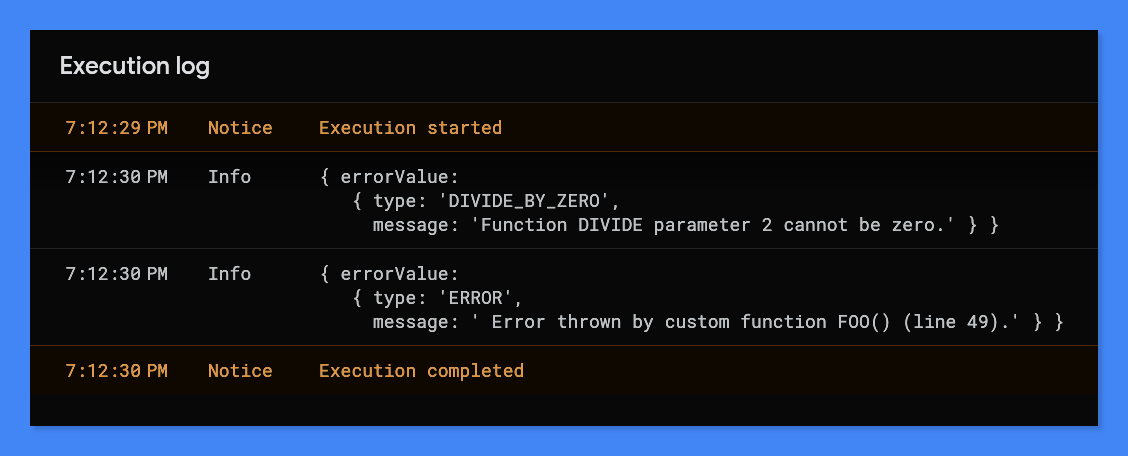 Execution log of the Apps Script function that retrieves the error messages of formulas.