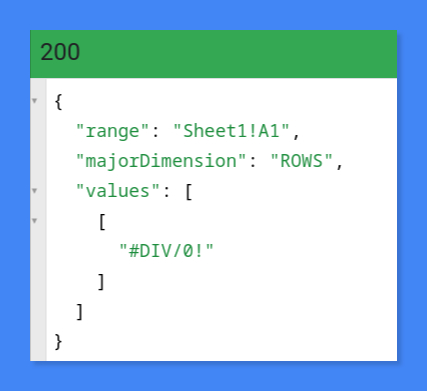 JSON representation of the result of calling the spreadsheet.values.get method over the range 'Sheet1!A1'.