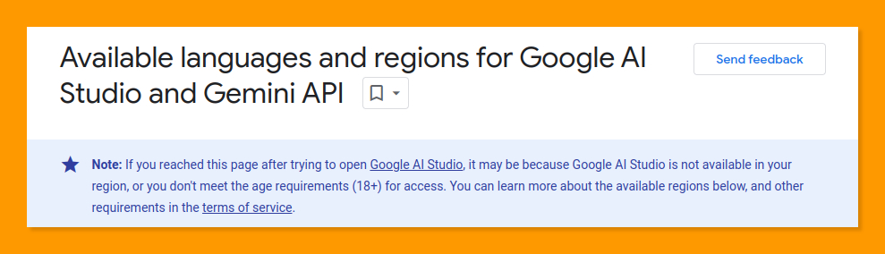 Mensaje que indica que Google AI Studio y Gemini API no están disponibles en varias regiones.