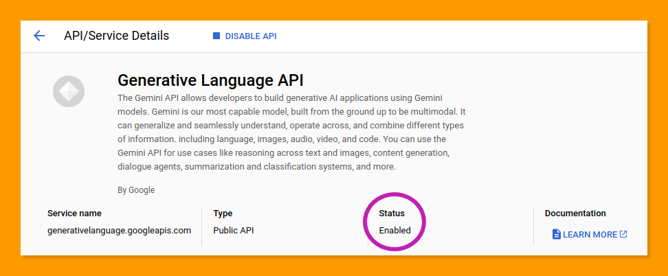 Detalles de la API de Gemini  en la consola de Google Cloud, mostrando que está activado.