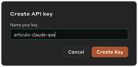 Cuadro de diálogo introducción del nombre de la clave de la API que se va a generar.