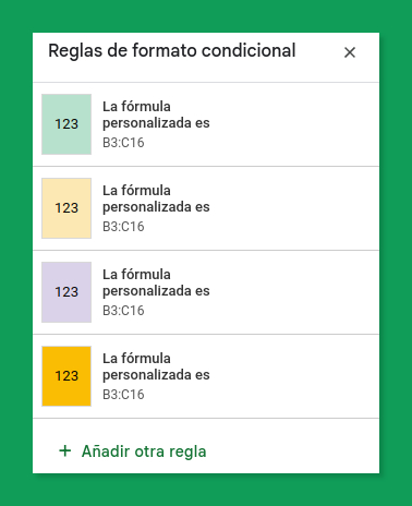 4 reglas de formato condicional.