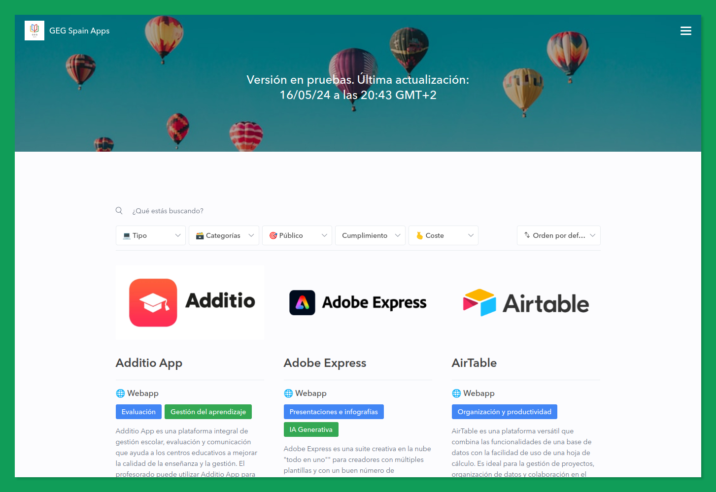 Vista de la página de inicio del catálogo de apps de GEG Spain. Aparecen en la primera fila Additio, Adobe Express y Airtable.