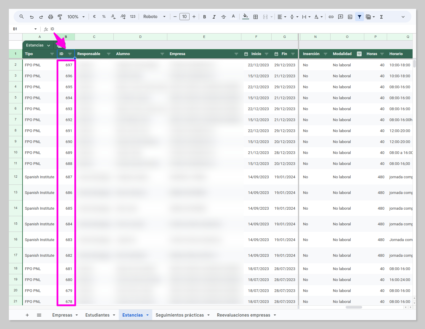 Tabla de estancias en gesFCT, destacada la columna "ID" utilizada para relacionar cada registro de seguimiento con una estancia específica.