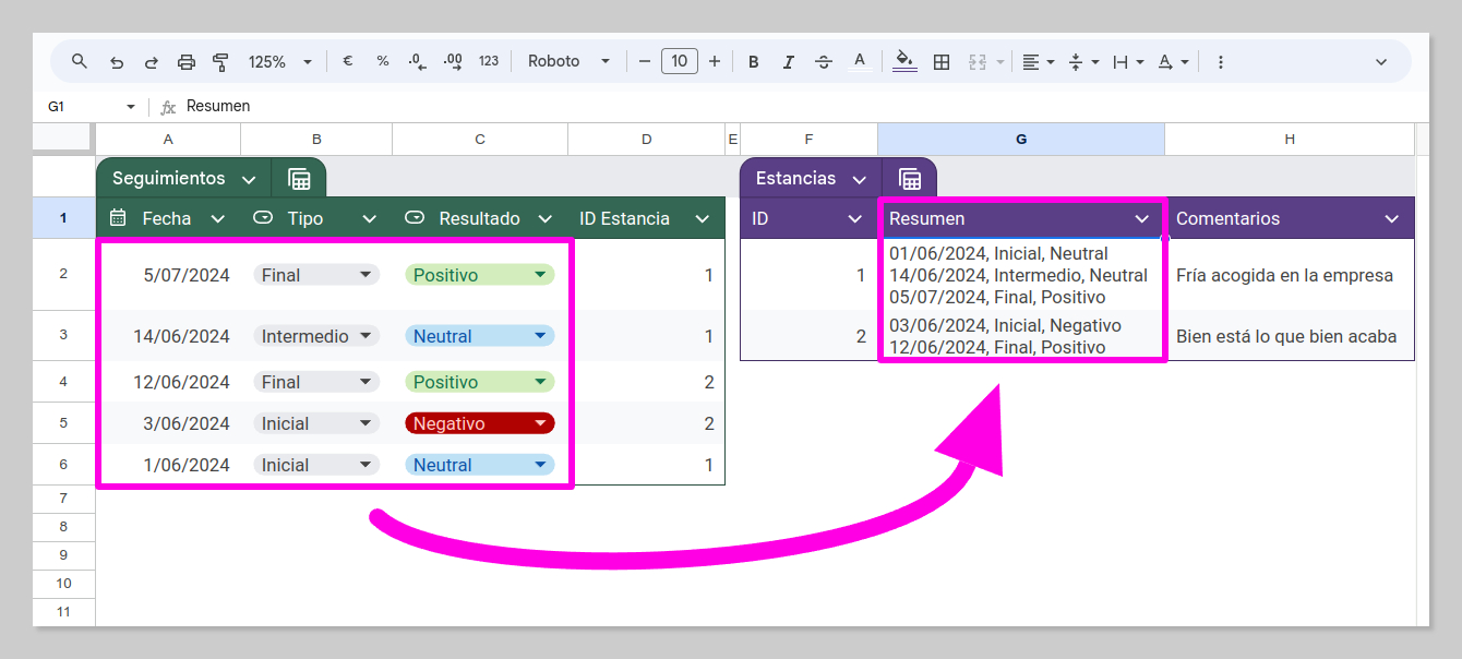 Dos Tablas de Sheets (seguimientos y estancias). La tabla de estancias contiene una columna "Resumen" que muestras una lista de los seguimientos realizados en cada estancia (fecha, tipo y resultado).