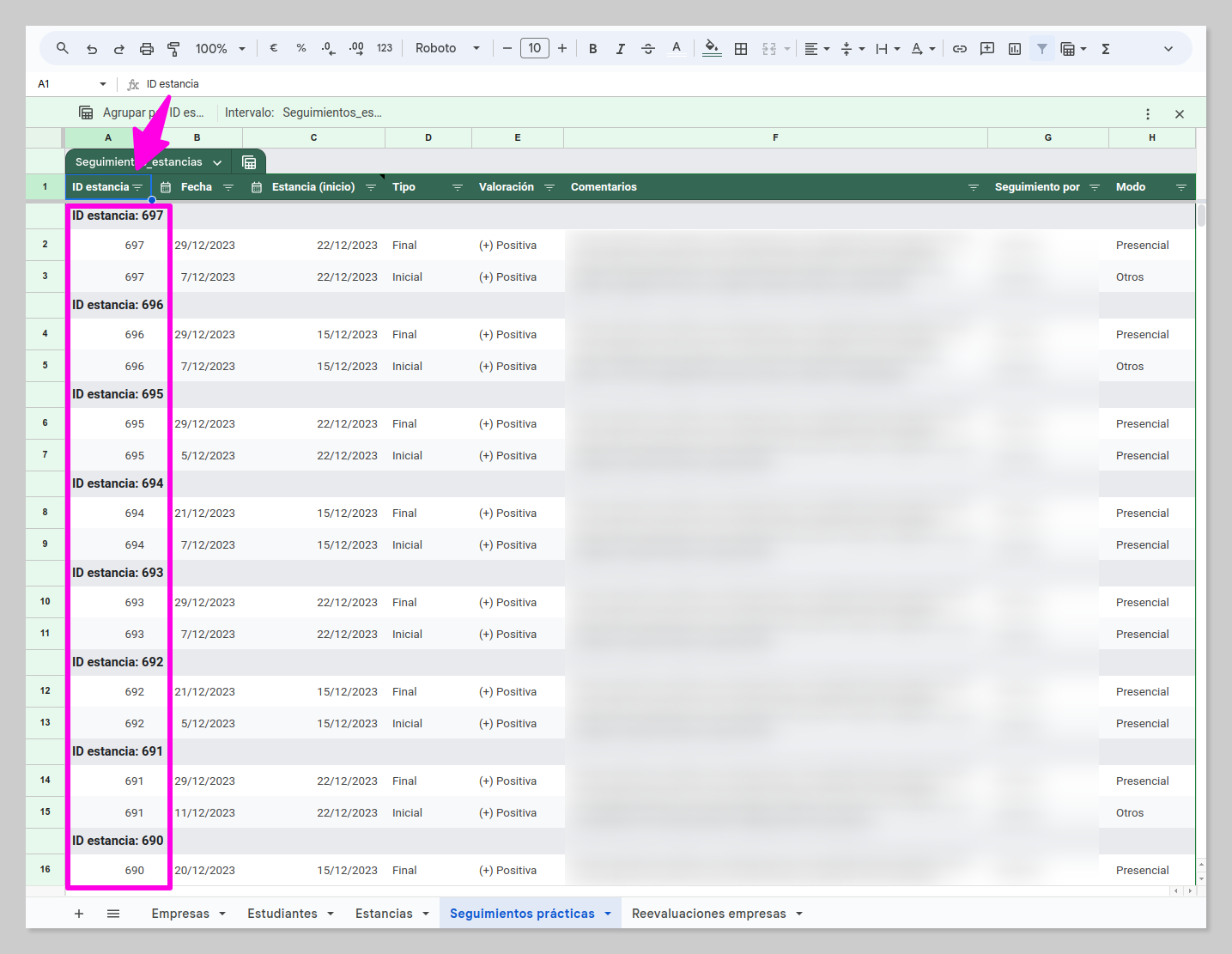 Tabla de seguimientos en gesFCT, destacada la columna "ID estancia" utilizada para relacionar cada registro de seguimiento con una estancia específica.