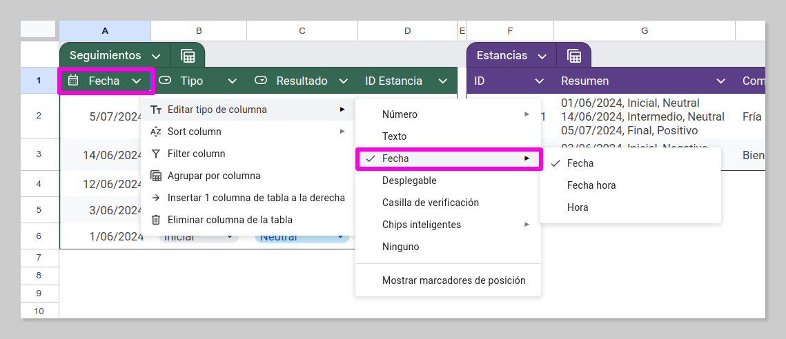 Ajuste del campo "Fecha" de la tabla de seguimientos como de tipo fecha.