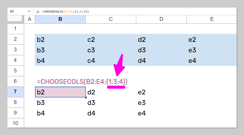 Ejemplo de uso de la función CHOOSECOLS en la que se indica la lista de columnas a extraer dentro de un array.