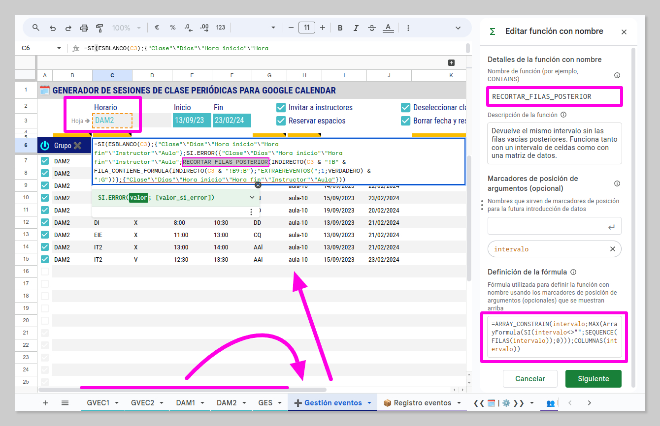 Vista de las fórmulas y funciones con nombre de HaC que permiten delimitar el tamaño del intervalo de datos que se toma de las pestañas de los horarios de cada grupo.