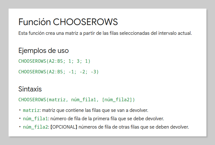 Sintaxis de CHOOSEROWS, según la página oficial de ayuda de Google.