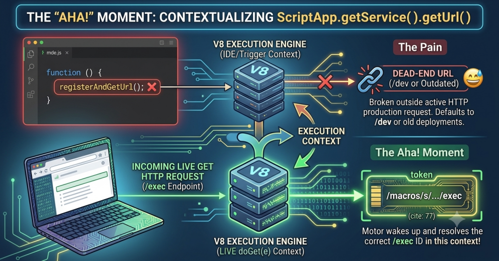 Infographic comparing Google Apps Script V8 execution contexts. The top path shows IDE/Trigger runs resolving to a dead-end /dev URL. The bottom path shows an incoming live GET request resolving the correct /exec token during doGet(e).