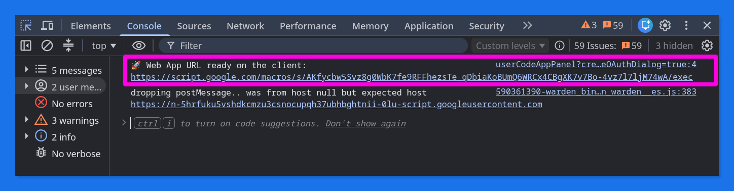 Browser developer console screenshot highlighting a logged line showing the text 'Web App URL ready on the client' followed by a highlighted full Google Apps Script macro production execution URL ending in /exec.