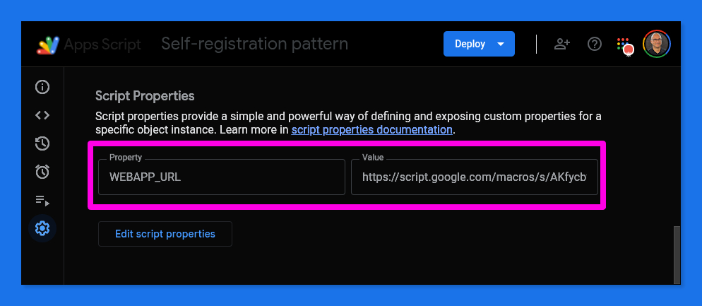 Google Apps Script IDE settings panel showing the stored Script Properties section with the key 'WEBAPP_URL' and its successfully captured production macro URL value.
