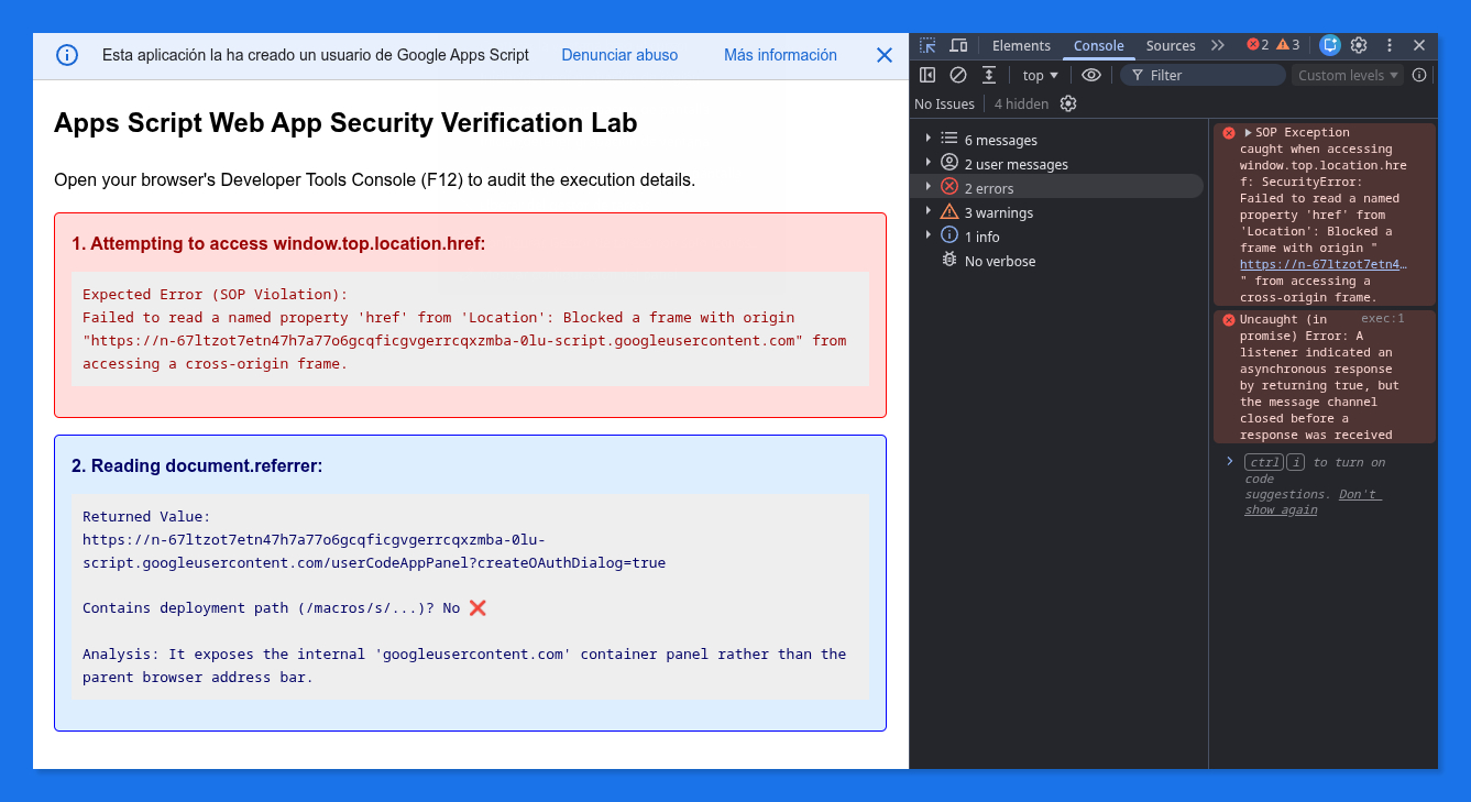 Side by side view of the outputs of the webapp and the browser console, displaying the SOP error and the URL of the sandboxed environment.